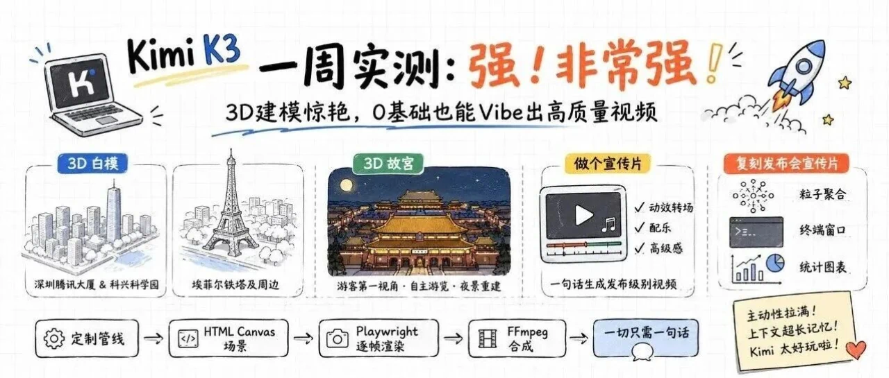 Kimi K3 深度实测：一句话做 3D 和视频的极限